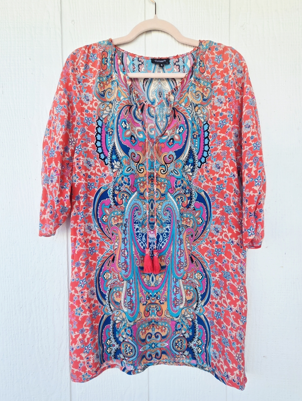 Tolani 100% Silk Paisley Boho Western Tassel Tie V-Neck Tunic Mini Dress Small